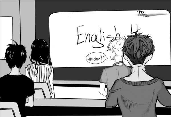 An illustration depicting no teacher in a typical English class.
